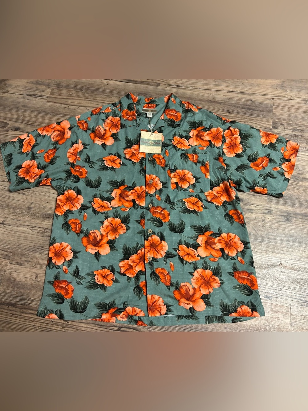 Men's Short-Sleeve Teal Button-Down Shirt with Orange Floral Print